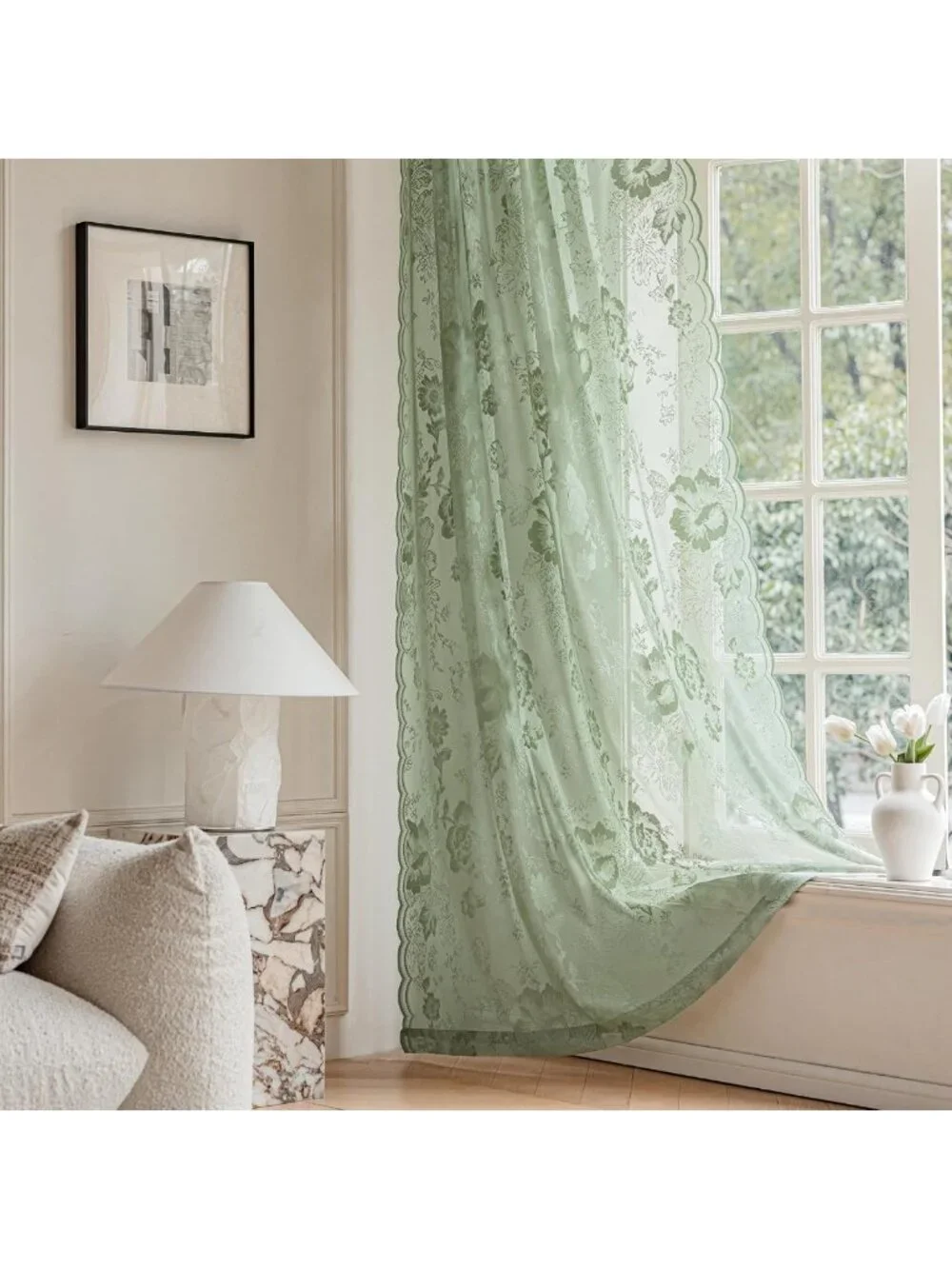 Sage Green Vintage Floral Lace Curtains - 84